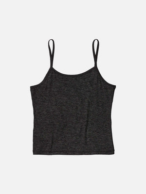 CloudKnit Cami in soft black fabric, featuring a feminine neckline and slim fit for ultimate comfort.