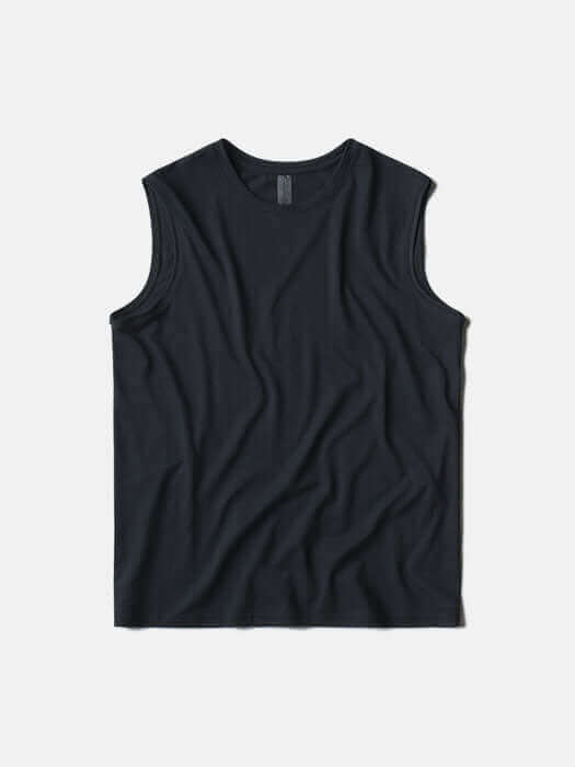 ThinkFast Mesh Muscle Tank displayed in black, featuring lightweight fabric and relaxed armholes for maximum movement.