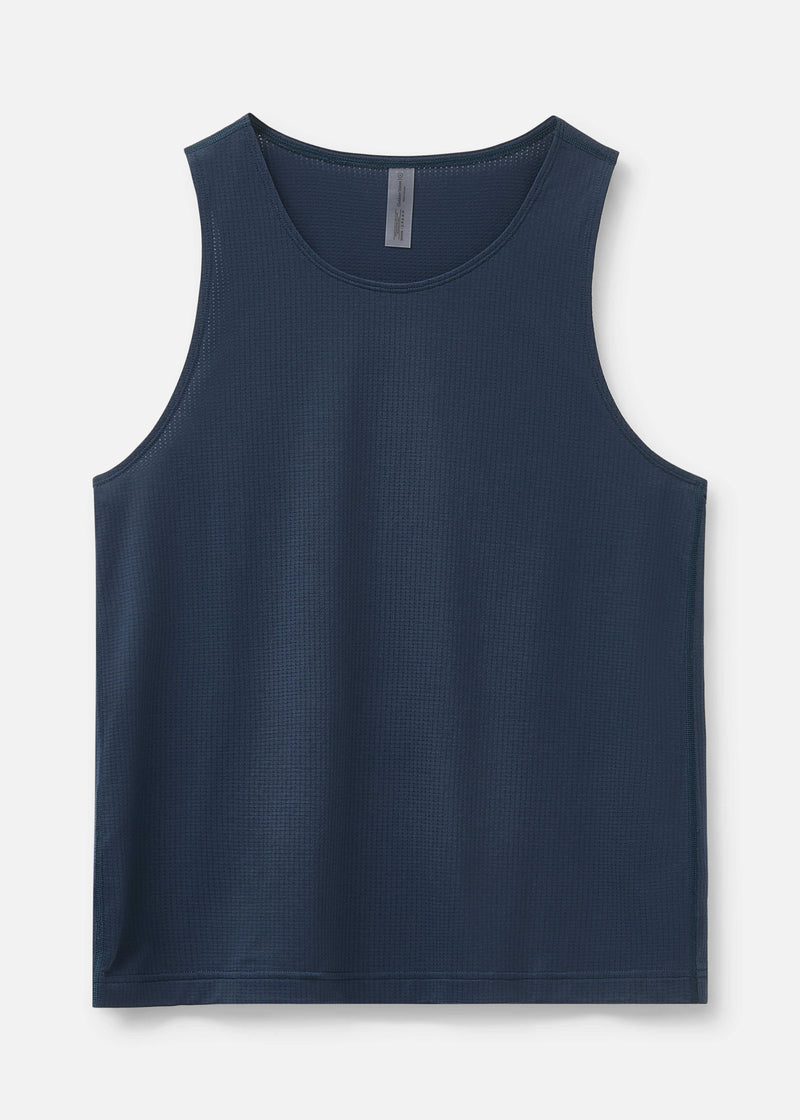 ThinkFast Mesh Tank in navy blue, lightweight design for ultimate cooling and sweat resistance.