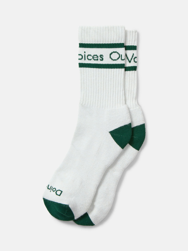 OV Club Crew Sock featuring sweat-wicking material and printed design for easy left and right identification.