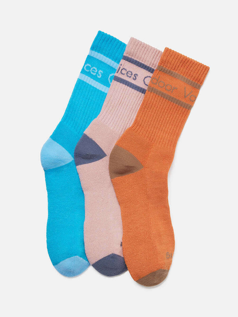 OV Club Crew Sock 3-Pack featuring colorful, sweat-wicking socks in blue, pink, and orange for stylish comfort.