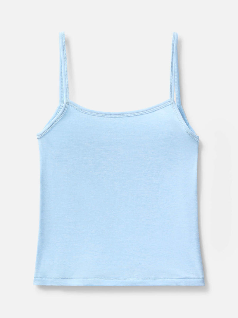 Light blue CloudKnit Cami with thin straps, showcasing a soft texture and a feminine slim fit.
